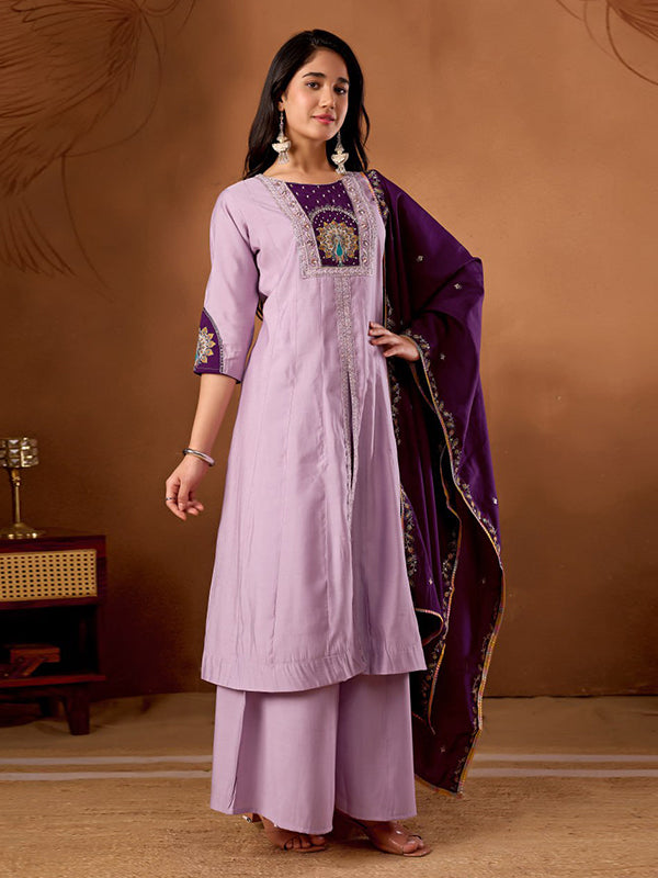 Lavender Embroidery Thread Work Roman Silk Kurti Palazzo & Dupatta Set