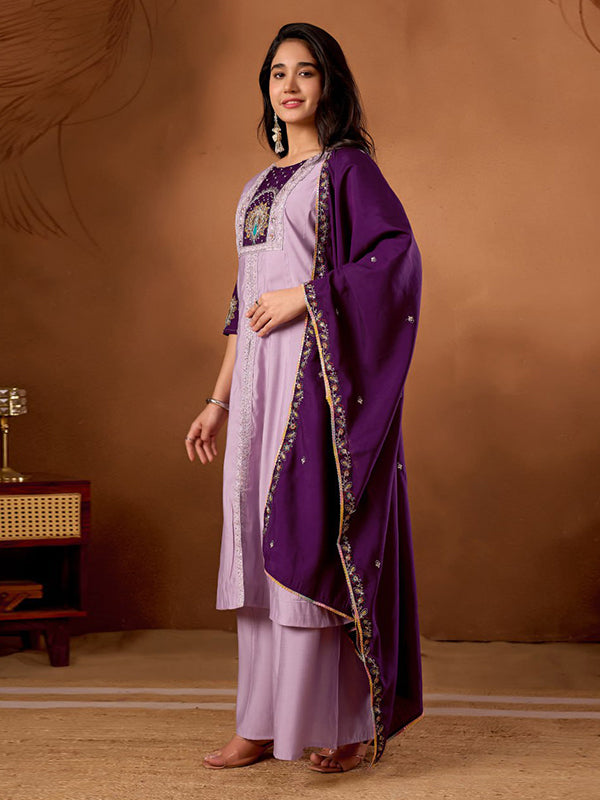 Lavender Embroidery Thread Work Roman Silk Kurti Palazzo & Dupatta Set