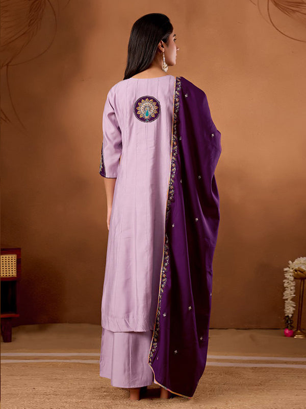 Lavender Embroidery Thread Work Roman Silk Kurti Palazzo & Dupatta Set