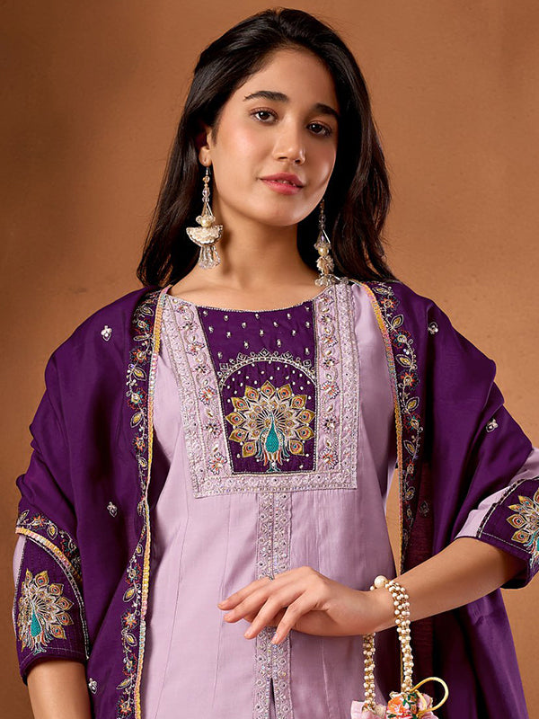 Lavender Embroidery Thread Work Roman Silk Kurti Palazzo & Dupatta Set