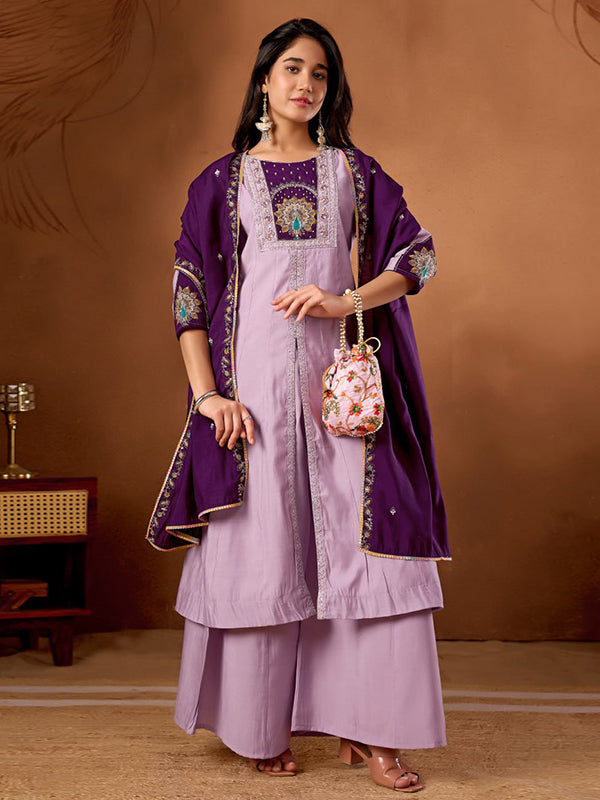 Lavender Embroidery Thread Work Roman Silk Kurti Palazzo & Dupatta Set