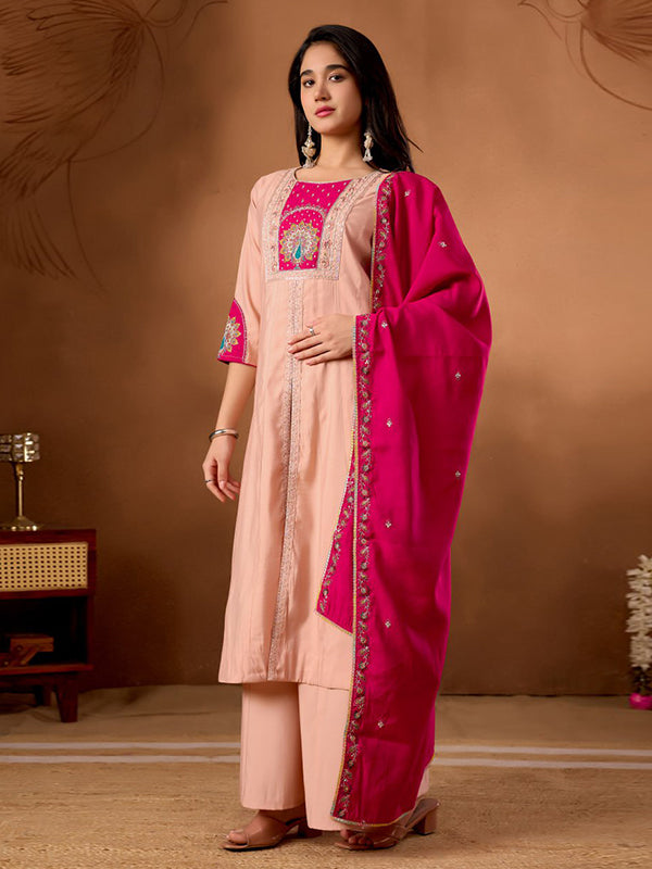 Peach Embroidery Thread Work Roman Silk Kurti Palazzo & Dupatta Set