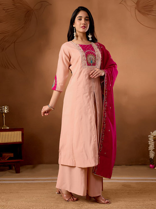 Peach Embroidery Thread Work Roman Silk Kurti Palazzo & Dupatta Set