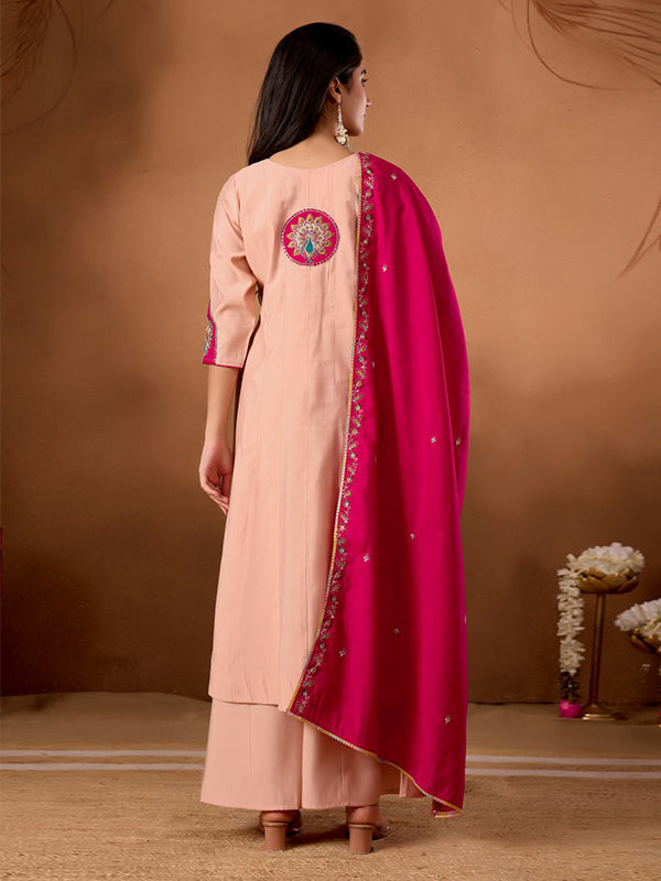 Peach Embroidery Thread Work Roman Silk Kurti Palazzo & Dupatta Set