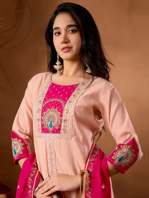 Peach Embroidery Thread Work Roman Silk Kurti Palazzo & Dupatta Set