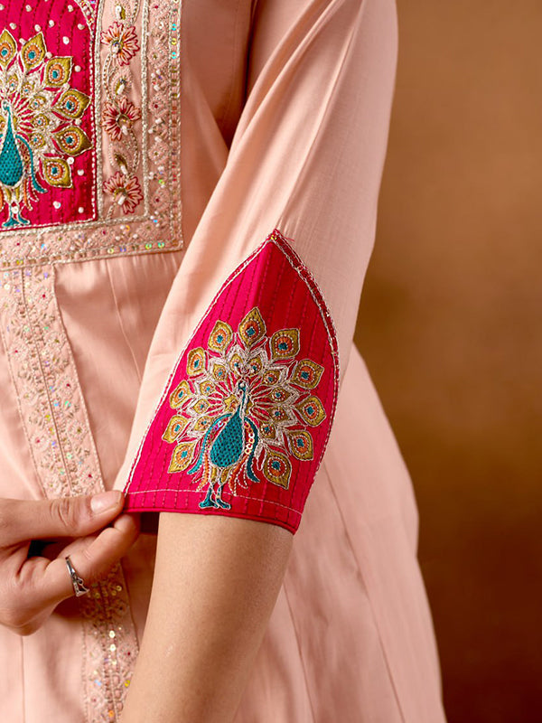 Peach Embroidery Thread Work Roman Silk Kurti Palazzo & Dupatta Set