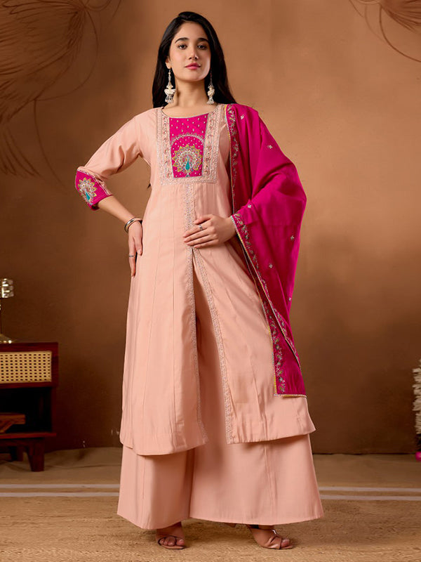 Peach Embroidery Thread Work Roman Silk Kurti Palazzo & Dupatta Set