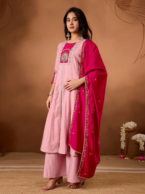 Light Pink Embroidery Thread Work Roman Silk Kurti Palazzo & Dupatta Set