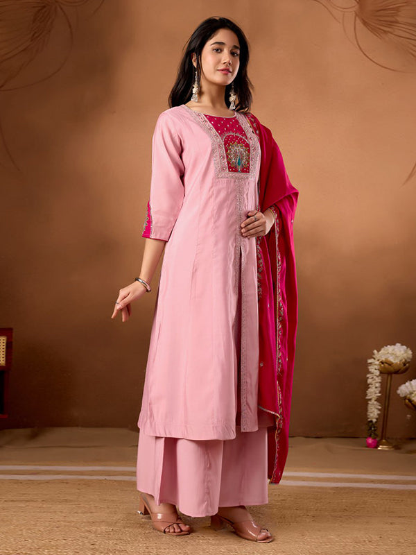 Light Pink Embroidery Thread Work Roman Silk Kurti Palazzo & Dupatta Set