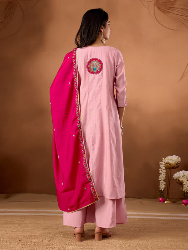Light Pink Embroidery Thread Work Roman Silk Kurti Palazzo & Dupatta Set
