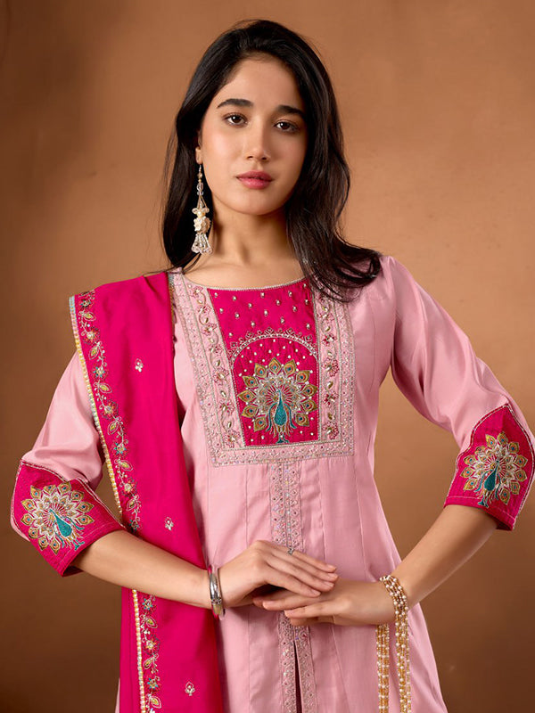 Light Pink Embroidery Thread Work Roman Silk Kurti Palazzo & Dupatta Set