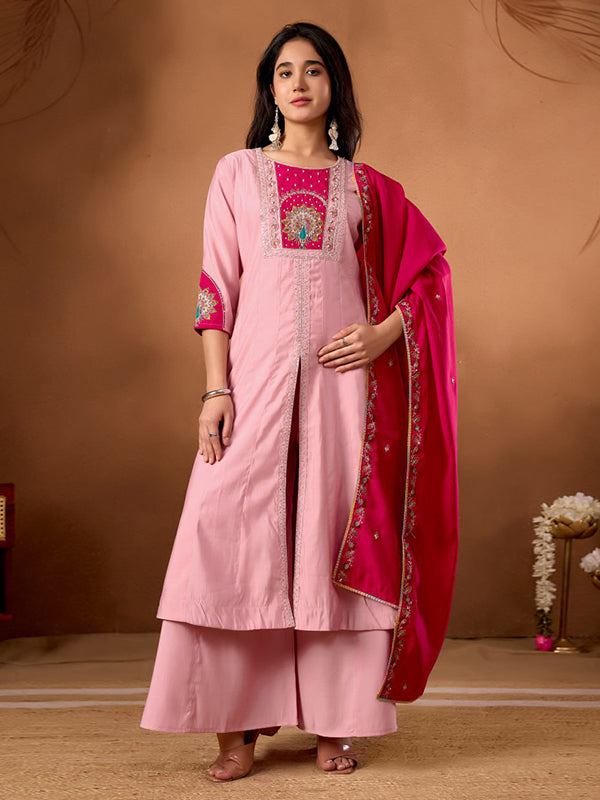 Light Pink Embroidery Thread Work Roman Silk Kurti Palazzo & Dupatta Set