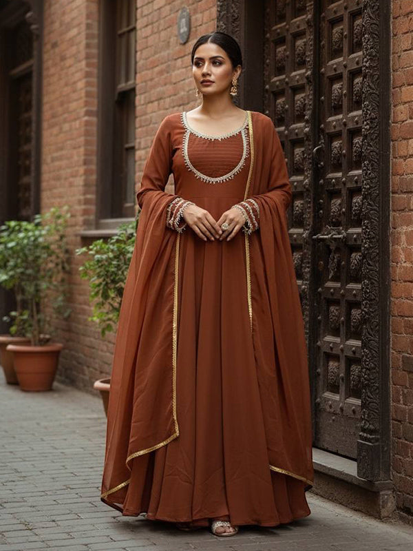 Chocolate Brown Moti Hand Work Fox Georgette Gown With Dupatta