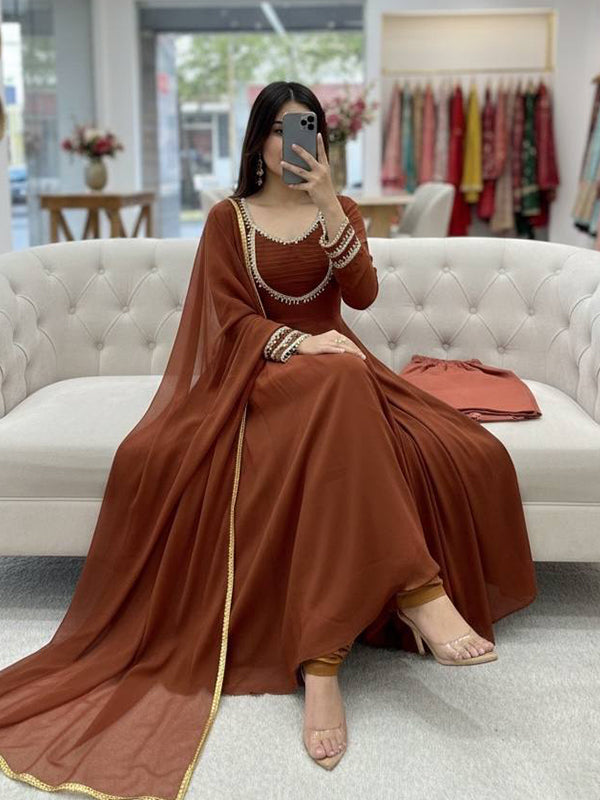 Chocolate Brown Moti Hand Work Fox Georgette Gown With Dupatta