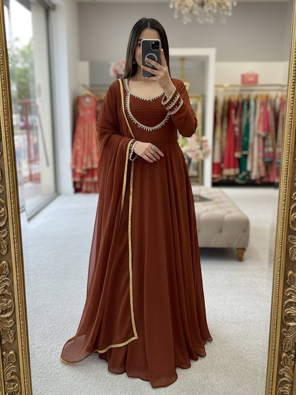 Chocolate Brown Moti Hand Work Fox Georgette Gown With Dupatta