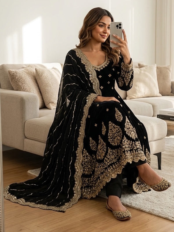 Black Embroidery Sequences Work Fox Georgette Gown With Dupatta