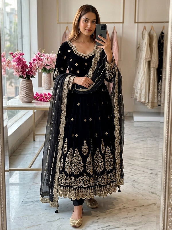 Black Embroidery Sequences Work Fox Georgette Gown With Dupatta