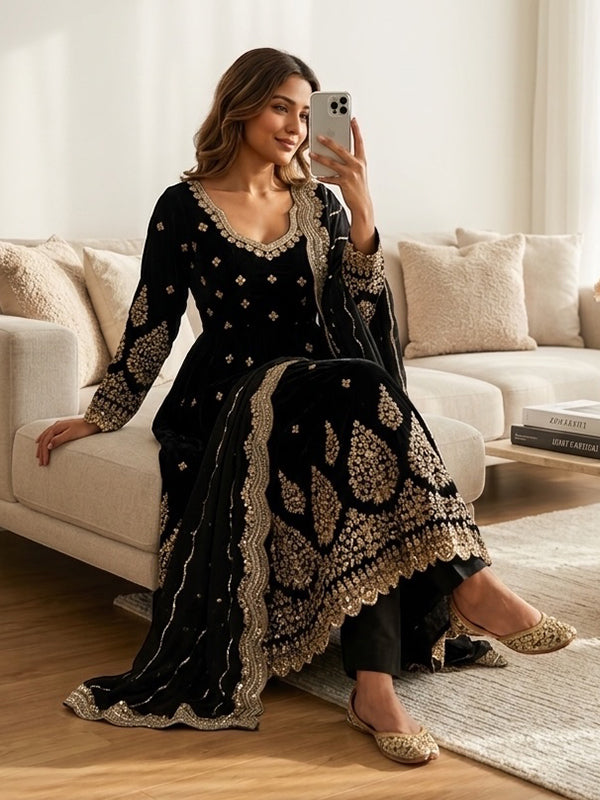 Black Embroidery Sequences Work Fox Georgette Gown With Dupatta