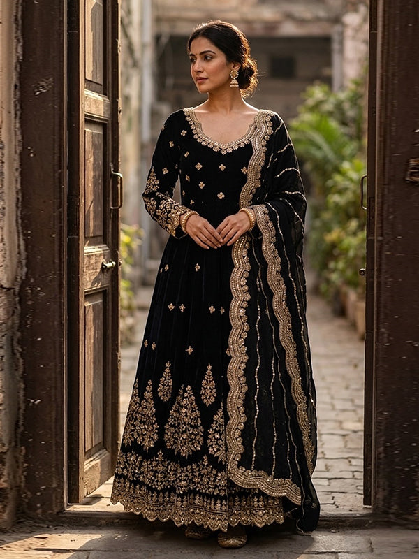 Black Embroidery Sequences Work Fox Georgette Gown With Dupatta