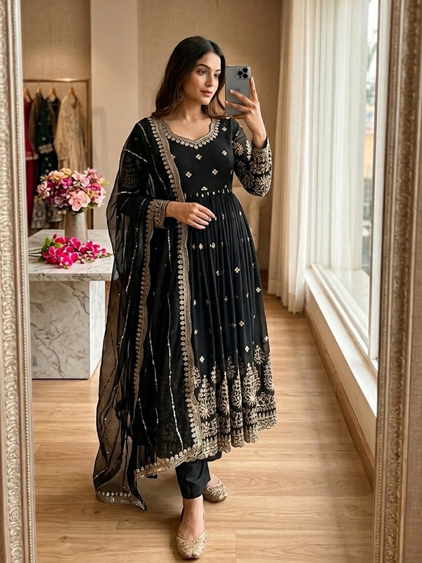 Black Embroidery Sequences Work Fox Georgette Gown With Dupatta