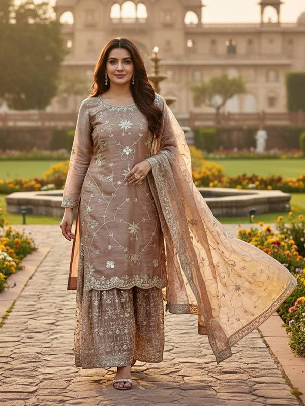 Rose Gold Sequins Embroidered Work Jimmy Chu Silk Top Sharara With Dupatta