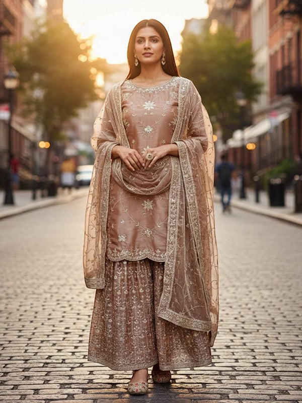 Rose Gold Sequins Embroidered Work Jimmy Chu Silk Top Sharara With Dupatta