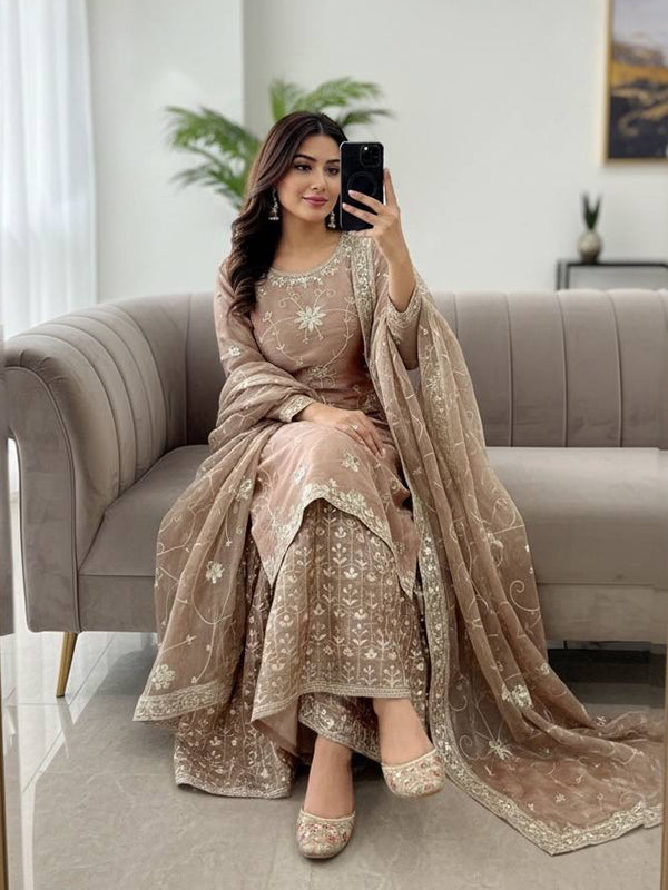 Rose Gold Sequins Embroidered Work Jimmy Chu Silk Top Sharara With Dupatta