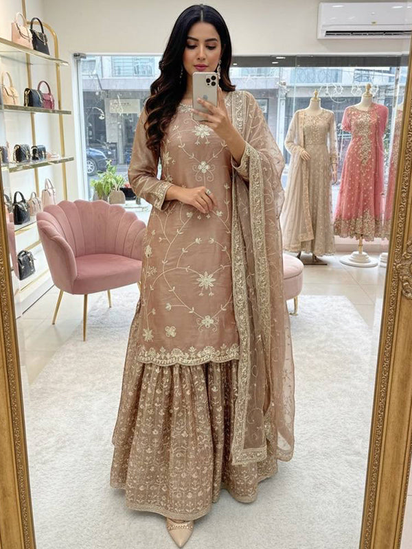 Rose Gold Sequins Embroidered Work Jimmy Chu Silk Top Sharara With Dupatta