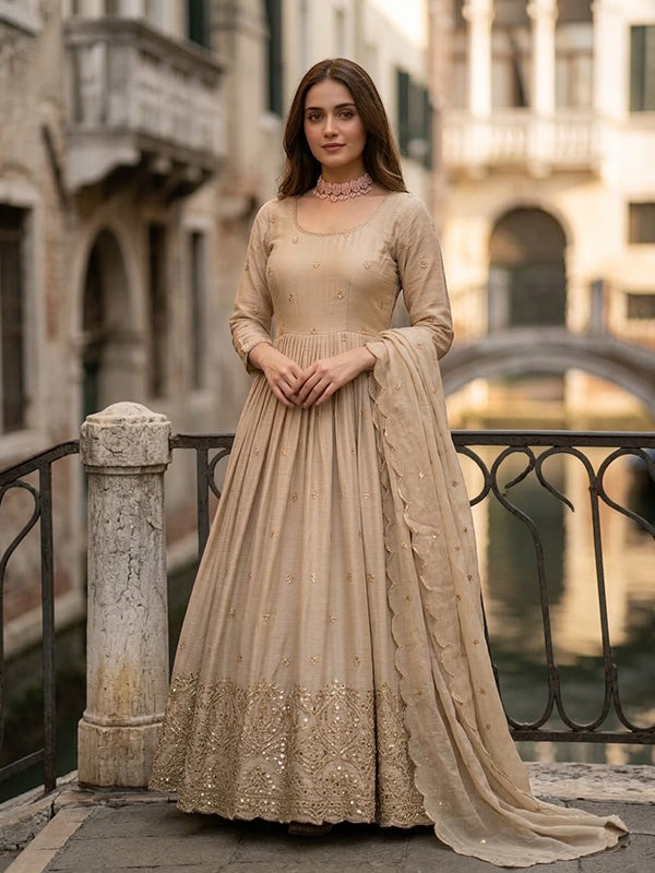 Ivory Embroidery Sequins Work With Hand Work Chinon Silk Gown With Dupatta
