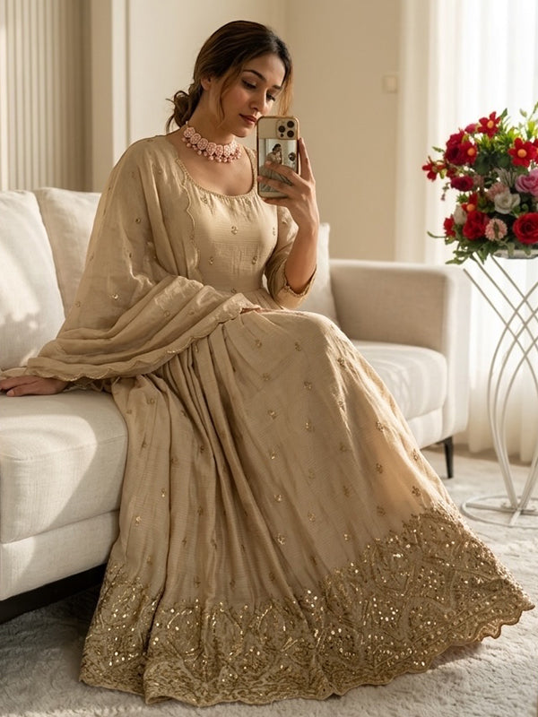 Ivory Embroidery Sequins Work With Hand Work Chinon Silk Gown With Dupatta