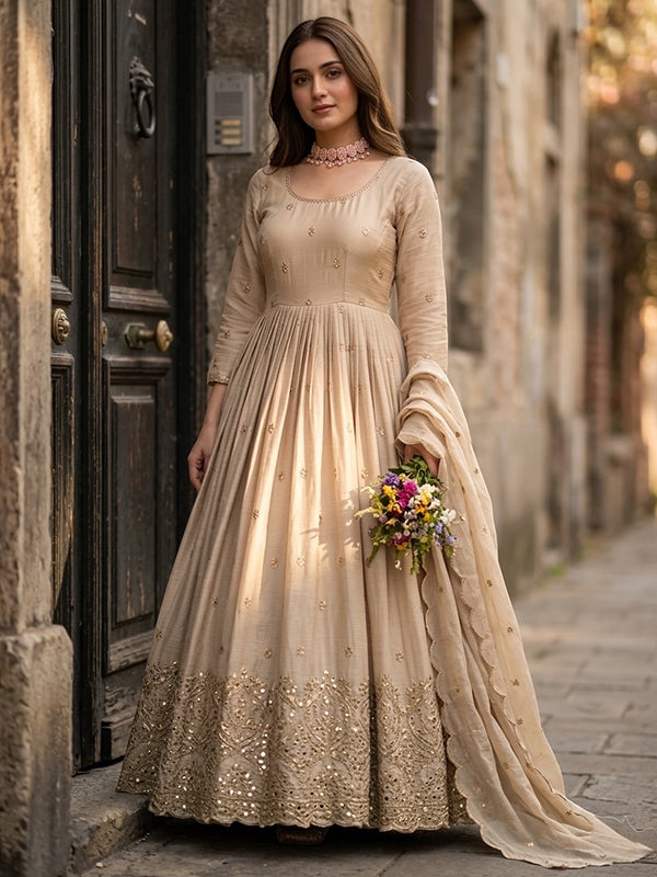 Ivory Embroidery Sequins Work With Hand Work Chinon Silk Gown With Dupatta