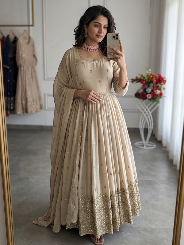 Ivory Embroidery Sequins Work With Hand Work Chinon Silk Gown With Dupatta