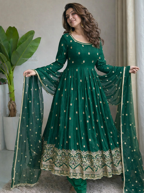 Green Embroidery Sequins Work With Hand Work Chinon Silk Gown With Dupatta
