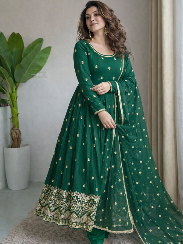 Green Embroidery Sequins Work With Hand Work Chinon Silk Gown With Dupatta