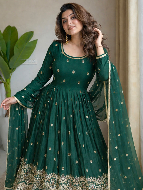 Green Embroidery Sequins Work With Hand Work Chinon Silk Gown With Dupatta