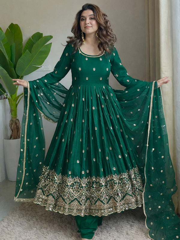 Green Embroidery Sequins Work With Hand Work Chinon Silk Gown With Dupatta