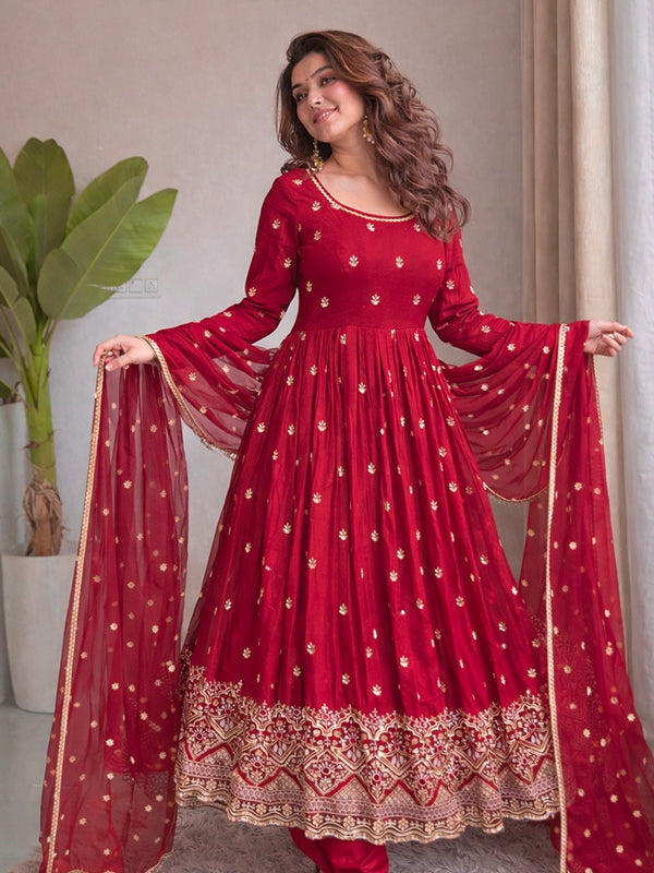 Red Embroidery Sequins Work With Hand Work Chinon Silk Gown With Dupatta
