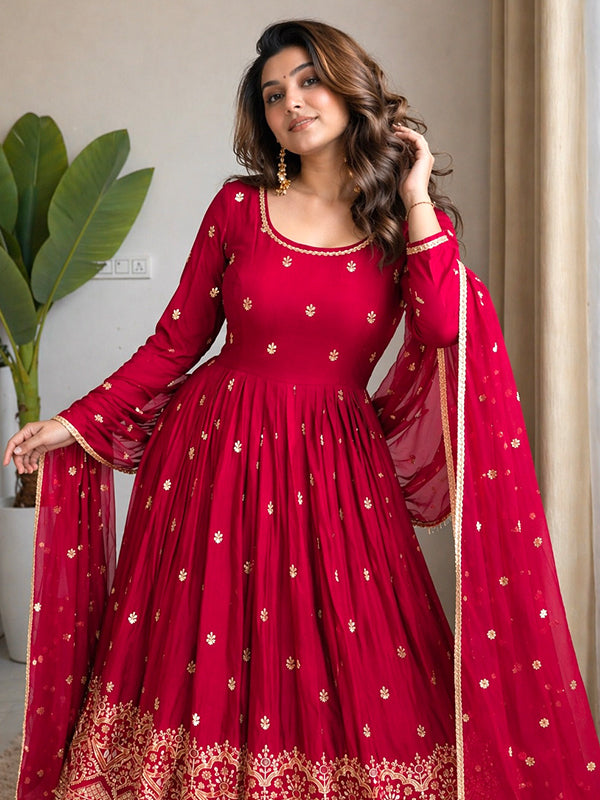 Red Embroidery Sequins Work With Hand Work Chinon Silk Gown With Dupatta