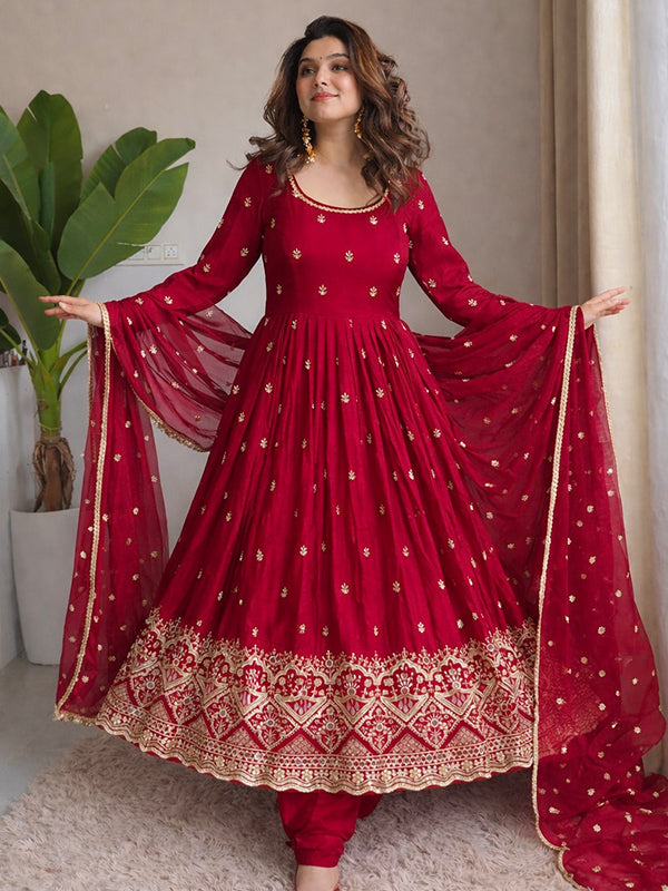 Red Embroidery Sequins Work With Hand Work Chinon Silk Gown With Dupatta