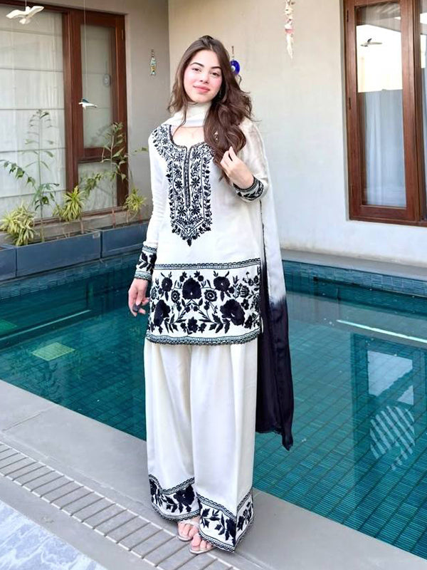 White With Black Embroidery Thread Work Natural Crepe Farshi Salwar Suit