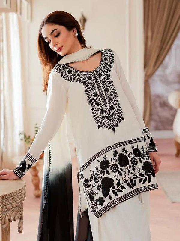 White With Black Embroidery Thread Work Natural Crepe Farshi Salwar Suit