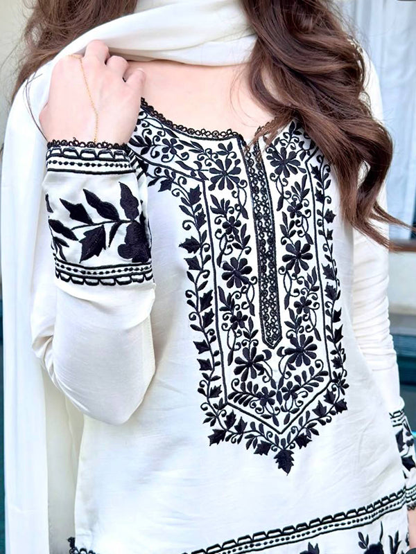 White With Black Embroidery Thread Work Natural Crepe Farshi Salwar Suit