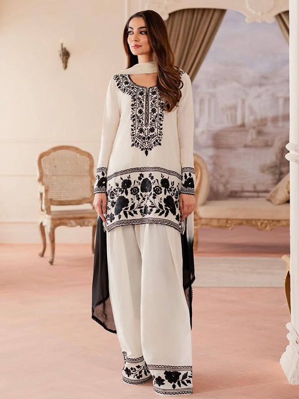 White With Black Embroidery Thread Work Natural Crepe Farshi Salwar Suit