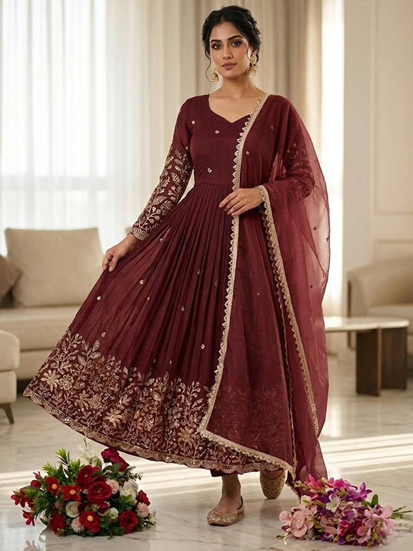 Maroon Embroidery Sequences Work Vichitra Silk Gown With Tissue Net Dupatta