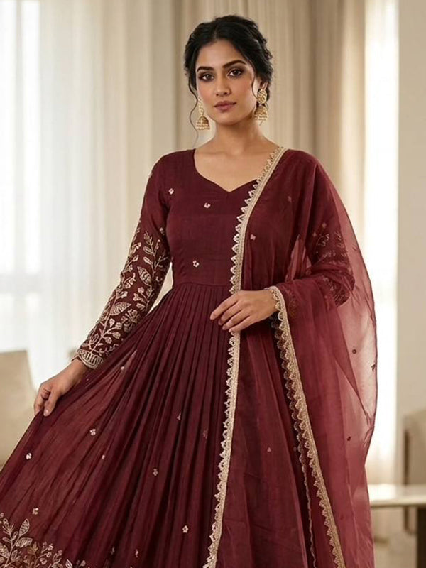 Maroon Embroidery Sequences Work Vichitra Silk Gown With Tissue Net Dupatta