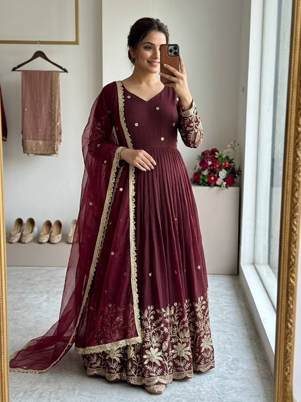 Maroon Embroidery Sequences Work Vichitra Silk Gown With Tissue Net Dupatta