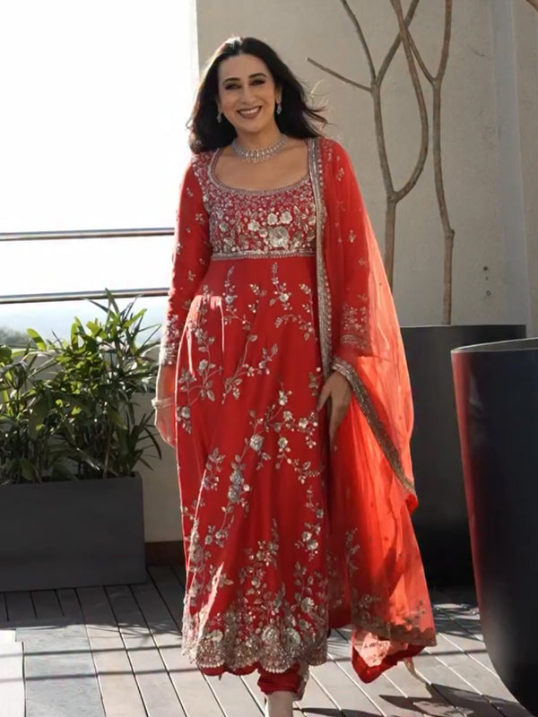 Red Embroidery Sequence Work Fox Georgette Gown With Dupatta