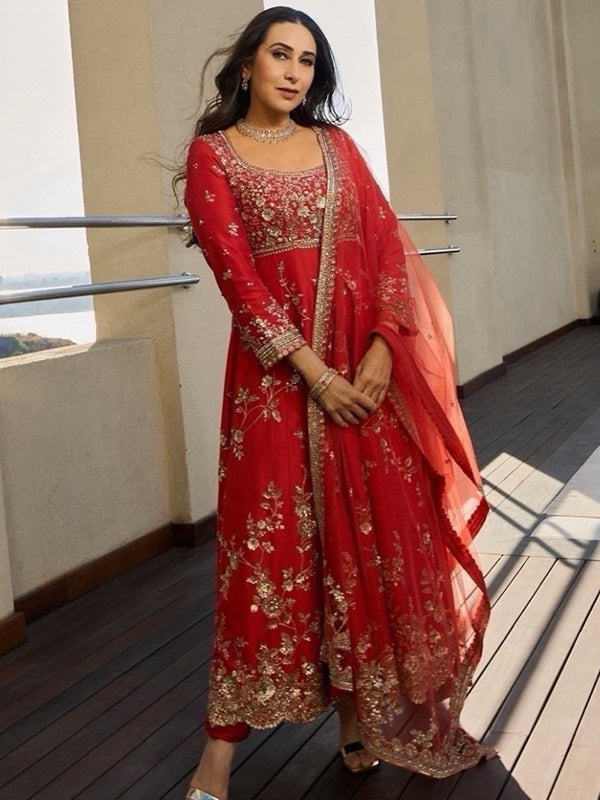 Red Embroidery Sequence Work Fox Georgette Gown With Dupatta