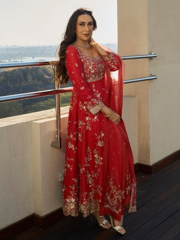 Red Embroidery Sequence Work Fox Georgette Gown With Dupatta