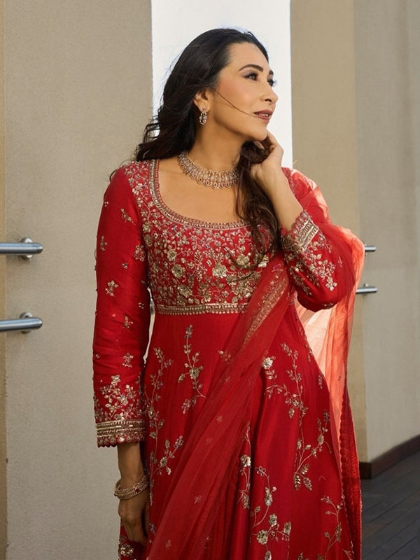 Red Embroidery Sequence Work Fox Georgette Gown With Dupatta